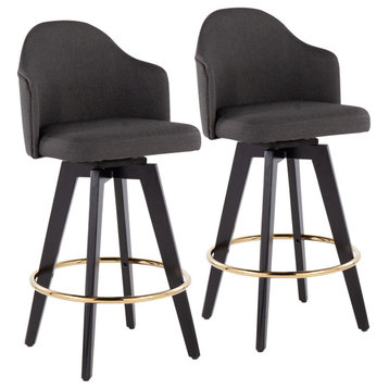 Ahoy Counter Stool, Set of 2, Black Wood, Gold Metal, Charcoal Fabric