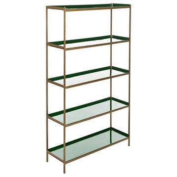 Modern Bookcase, Sleek Brass Finished Frame With 5 Green Shelves, Unique Design