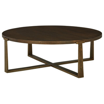 Modern Coffee Table, Crossed Golden Metallic Base With Dark Brown Wooden Top