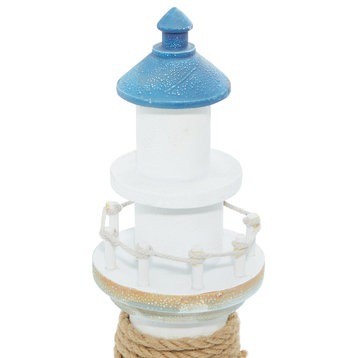 Wood Lighthouse Decor, Lighthouse Figurine With Jute Rope Accent, 6" x 16", Blue