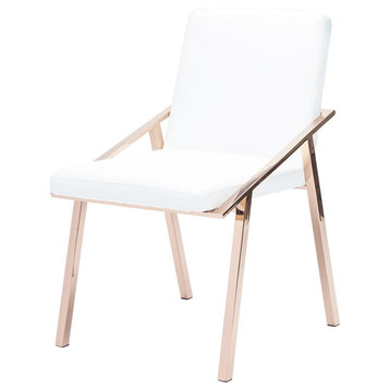 Modern Rose Gold Dining Chair, Glam Luxe Guest Side Chair, Faux Leather, White