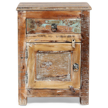 Screven Boho Handcrafted Wood Nightstand, Natural and Distressed White