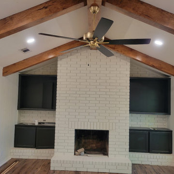 Rustic Vaulted Ceiling Ceiling Beams & Painted Brick Fireplace Built-Ins