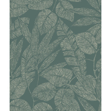 Digital Leaf Outline Botanical Textured Double Roll Wallpaper, Green, Double Roll