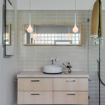 Contemporary refined and elegant Bathroom with a glass wall, Palo Alto, CA