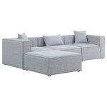 Meridian Furniture - Cube Upholstered Modular Sectional, Gray, 4-Piece: 1 Armless Chair, 2 Corner Chair, 1 Ottoman, Linen Texured Fabric - Treat yourself to some long overdue "me time" when you're seated on this Cube 4-Piece Modular Sectional. This beautiful modular unit is both eye-catching and elegant, features durable linen textured upholstery in a soft grey color that meshes well with nearly any existing color scheme. Pair this modular Sectional with other items in the same collection to create an unlimited number of combinations and enjoy the custom seating arrangement of your dreams. Latches underneath make it easy to attach pieces to one another.