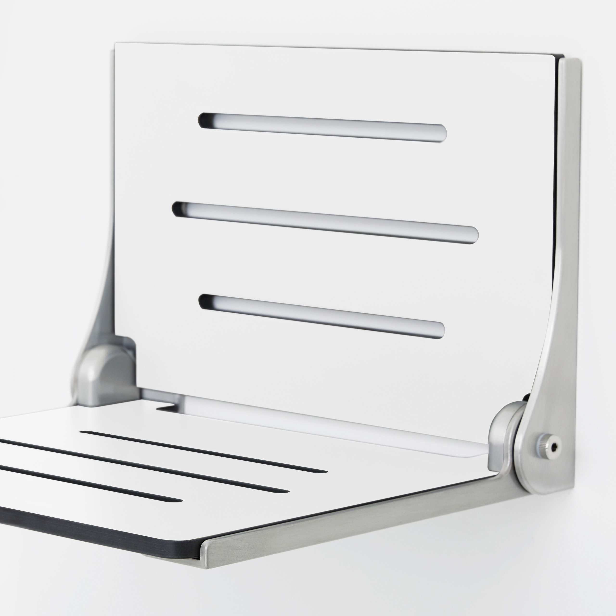 Silhouette Folding Wall Mount Shower Bench Seat, White Seat, Silver Frame