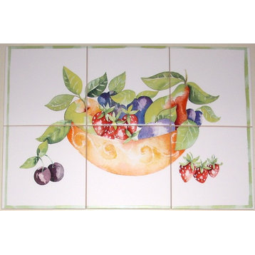 Fruit Dish Kiln Fired Ceramic Tile Mural Pear Strawberry Backsplash, 6-Piece Set