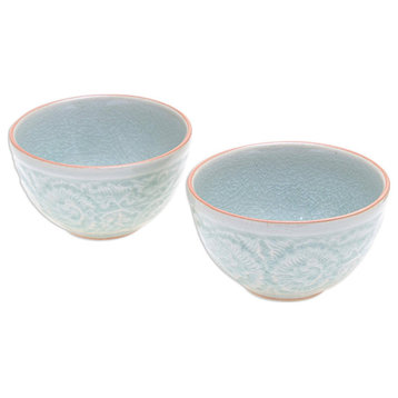 Novica Handmade Antique Flora Celadon Ceramic Bowls (Pair)