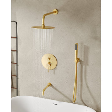 10" Wall Mount Rainfall Shower Head Tub And Shower Faucet with Rough-in Valve, Brushed Gold