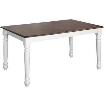 Transitional Dining Table, Turned White Legs & Rectangular Walnut Finished Top