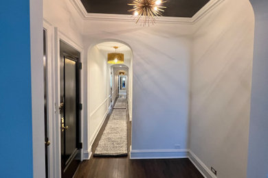 Example of a classic dark wood floor foyer design in Chicago with white walls and a black front door