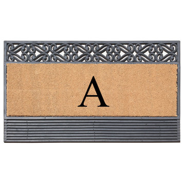 Rosewood Black/Beige 24"x36" Rubber And Coir Monogrammed Doormat, A
