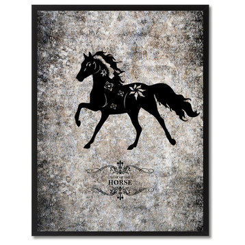 Horse Chinese Zodiac Black Print on Canvas with Picture Frame, 13"x17"