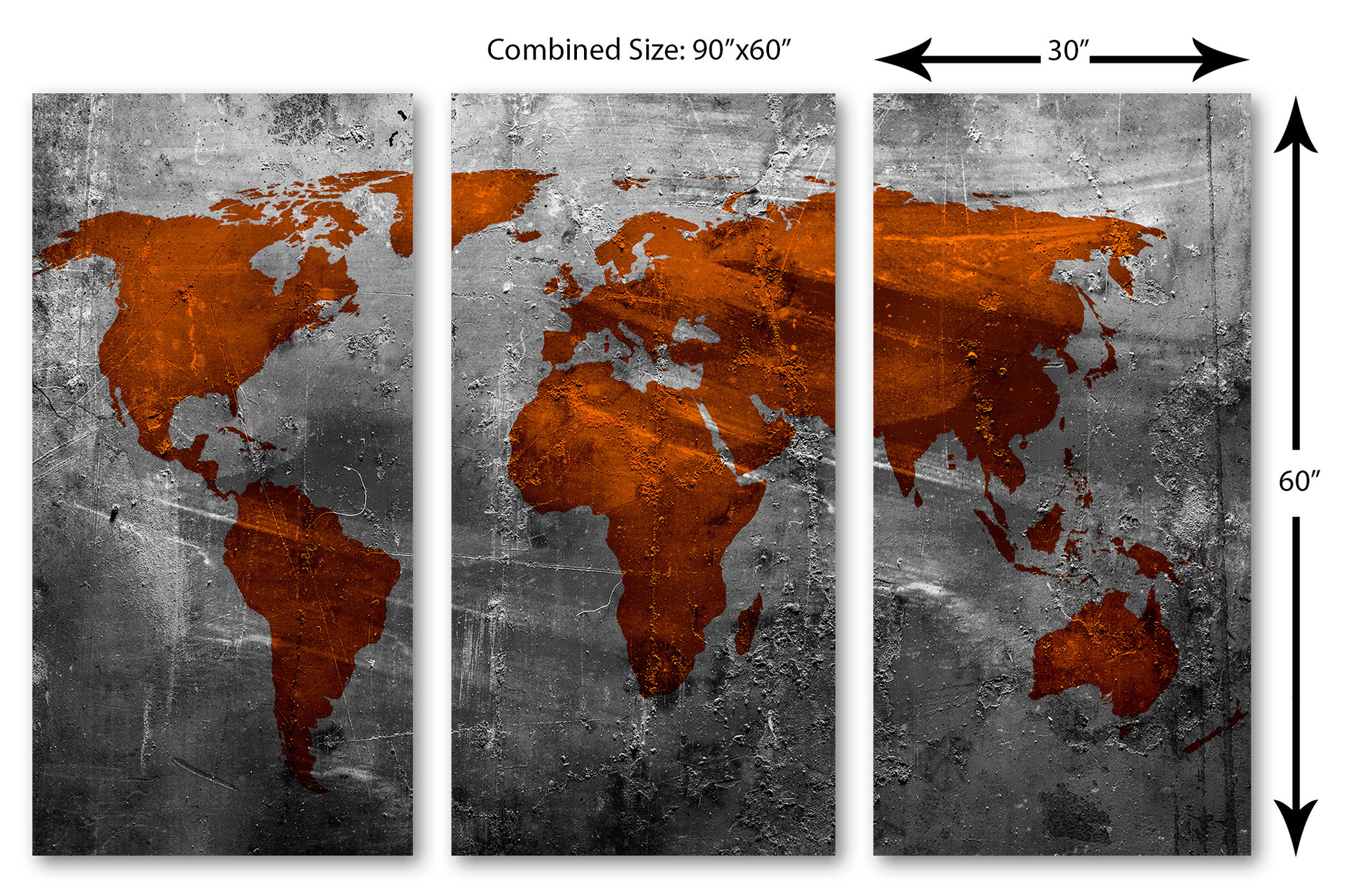 Abstract Russet World Map Canvas Print 3 Panel Split, Triptych Wall Art ...