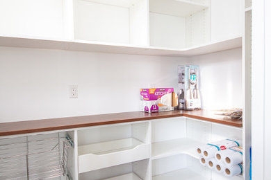 Inspiration for a small dark wood floor and brown floor closet remodel in New York with flat-panel cabinets and white cabinets