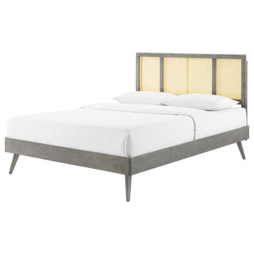 Platform Bed Frame, Full Size, Wood, Gray, Modern Mid-Century, Bedroom