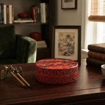 Oriental Asian Black Red Lacquer Round Relief Scenery Accent Box ws5040