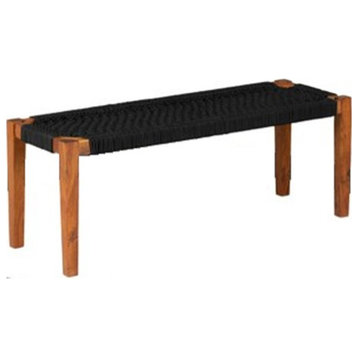 Bohemian Accent Bench, Acacia Wooden Frame With Woven Rope Seat, Black/Natural