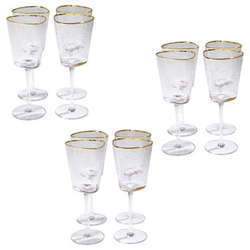 Elegant Hammered Art Wine Glass Set of 12 Footed Gold Rim Modern Asymmetrical