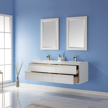 Morgan 60" Double Bathroom Vanity Set in White and Composite Carrara White Stone