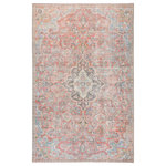 Jaipur Living - Jaipur Living Foix Indoor/Outdoor Medallion Red/Light Blue Area Rug, 4'x5'6" - A unique combination of antique rug designs and the durability of an indoor/outdoor construction, the Chateau collection offers vintage vibes to any space. The elegant Foix rug features a distressed, ornate medallion in tones of bright red, blue, and yellow. This zero-pile rug is made of weather-resistant polyester for a flat, durable finish.