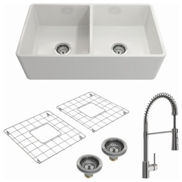 BOCCHI 1139-001-2020SS Farmhouse Fireclay 33 Inch Double Bowl Kitchen Sink Kit
