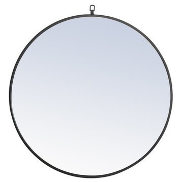 Metal Frame Round Mirror With Decorative Hook 32 Inch Black Finish