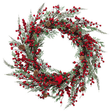 24-in Winter greenery spray wreath with red berry, pine cones and a cardinal