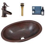 Sinkology - Schrodinger Copper 19" Oval Dual Flex Bath Sink with Ashfield Faucet Kit - No one has the exact same sense of style. The Schrodinger copper bath sink gives you the option to mix it up with a Dual Flex rim, which allows you to install the sink as either a drop-in or an undermount. The simple oval design offers delicate hand-hammering for a graceful simplicity. To match the beautiful aged copper finish, this kit includes a rustic bronze bath faucet, a matching grid sink drain, and a copper sink care kit.