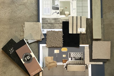 Inspiration for a large master bedroom in Surrey with blue walls, carpet, a standard fireplace, a stone fireplace surround and grey floors.