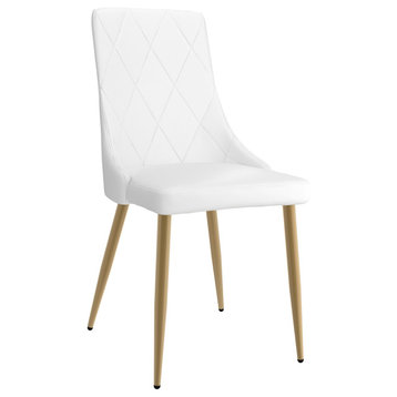 Set of 2 Contemporary Faux Leather and Metal Side Chair, White and Gold