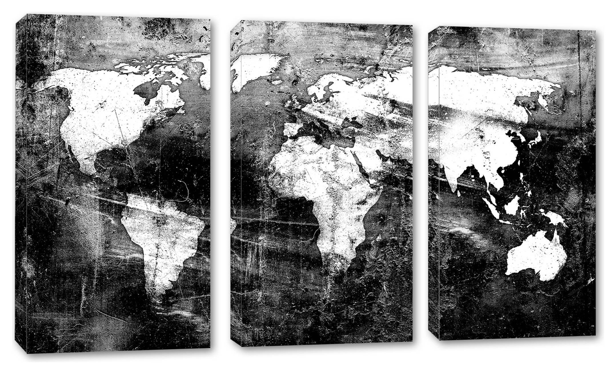Black & White World Map Canvas Print Wall Art. 3 Panel Split, Triptych ...