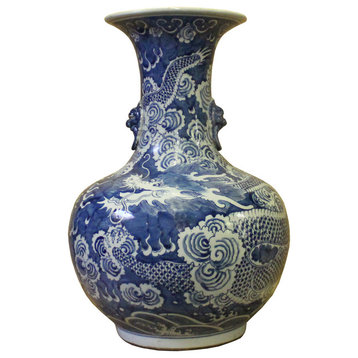 Handmade Chinese Blue White Porcelain Oriental Dragons Scenery Graphic Vase