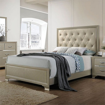 ACME Carine Faux Leather Tufted Queen Panel Bed in Champagne Beige