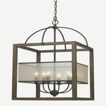 Cal - Cal FX-3536/6L Mission - Six Light Rectangular Chandelier - Hand painted wood and metal square pendant style chandelier. Includes organza shade. Metal chain and canopy included. Uses six candelabra style bubls.Assembly Required: TRUE Shade Included: TRUEWarranty: 1 YearNatural Wood Finish with White Organza Shade