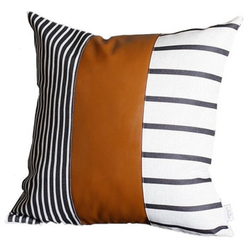 Faux Leather And Monochromatic Stripes Decorative Pillow Cover