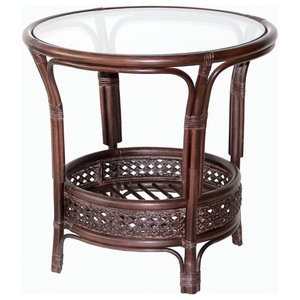 Leo Handmade Rattan Wicker SMALL Round Accent End Coffee Table with Glass Top 