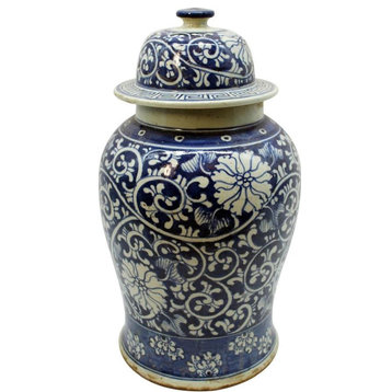 Temple Jar Vase DYNASTY Curly Vine & Flower White Blue Colors May