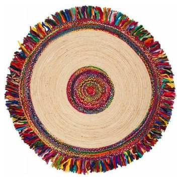 Round Area Rug, Handwoven Braided Jute With Multicolor Border & Fringed Edge, 6'