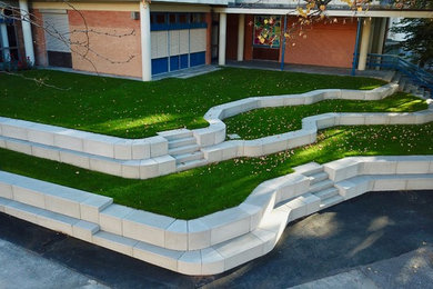 Aménagement d'un jardin avant contemporain de taille moyenne et l'été avec un mur de soutènement et une exposition partiellement ombragée.