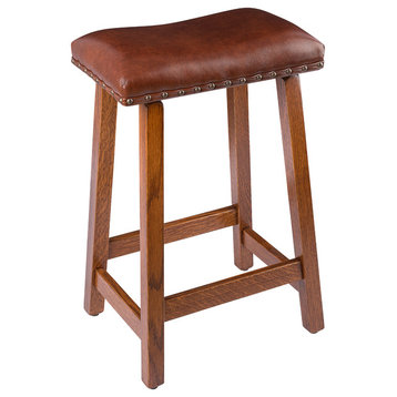 Rustic Urban Stool, Quarter Sawn Oak With Brown Leather Seat, Counter Height