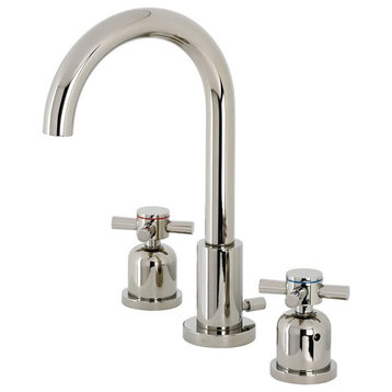 Contemporary Bathroom Faucet, Arched Spout & Crossed Handles, Polished Nickel
