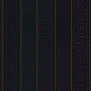 93524-4 Black Greek Key Gold Stripe Wallpaper, Triple Roll - 75.57 Sq.ft