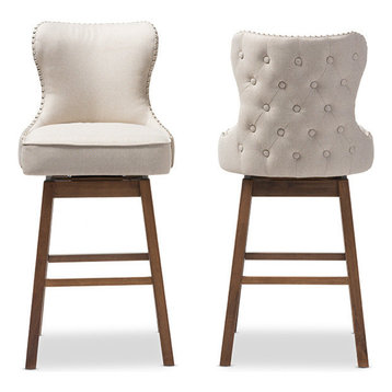 Gradisca Brown Wood Fabric Button-Tufted Upholstered Swivel Barstool, Set of 2