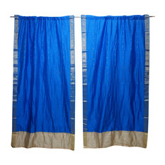 Mogul Interior - 2 Indian Silk Sari Curtains Door Panel Blue Brocade Border Living Decor - Curtains
