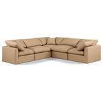 Meridian Furniture - Indulge Upholstered Modular L-Shaped Sectional, Tan, 5-Piece: 2 Armless Chair, 3 Corner Chair, Fiber Stuffed Vegan Leather - Experience ultimate comfort and style with our tan vegan leather Indulge Sectional. The luxurious vegan leather will elevate the aesthetic of any room. This sofa provides ample space for you to relax while its modular build offers the option of unlimited configurations. Whether you're looking to add a stylish element to your living room or a comfortable seating option to your bedroom, this sofa is the perfect choice.