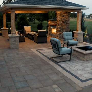 Medina Structure, Fireplace, Unilock Patio and Landscaping