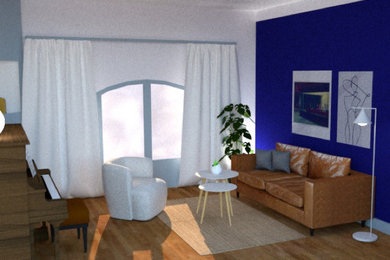 Imagen de salón abierto industrial pequeño con paredes azules y suelo de madera clara