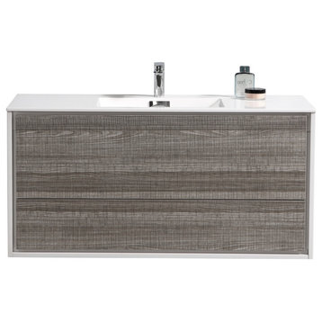 DeLusso 48" Single Sink Wall Mount Bathroom Vanity, Nature Wood, High Gloss Whit